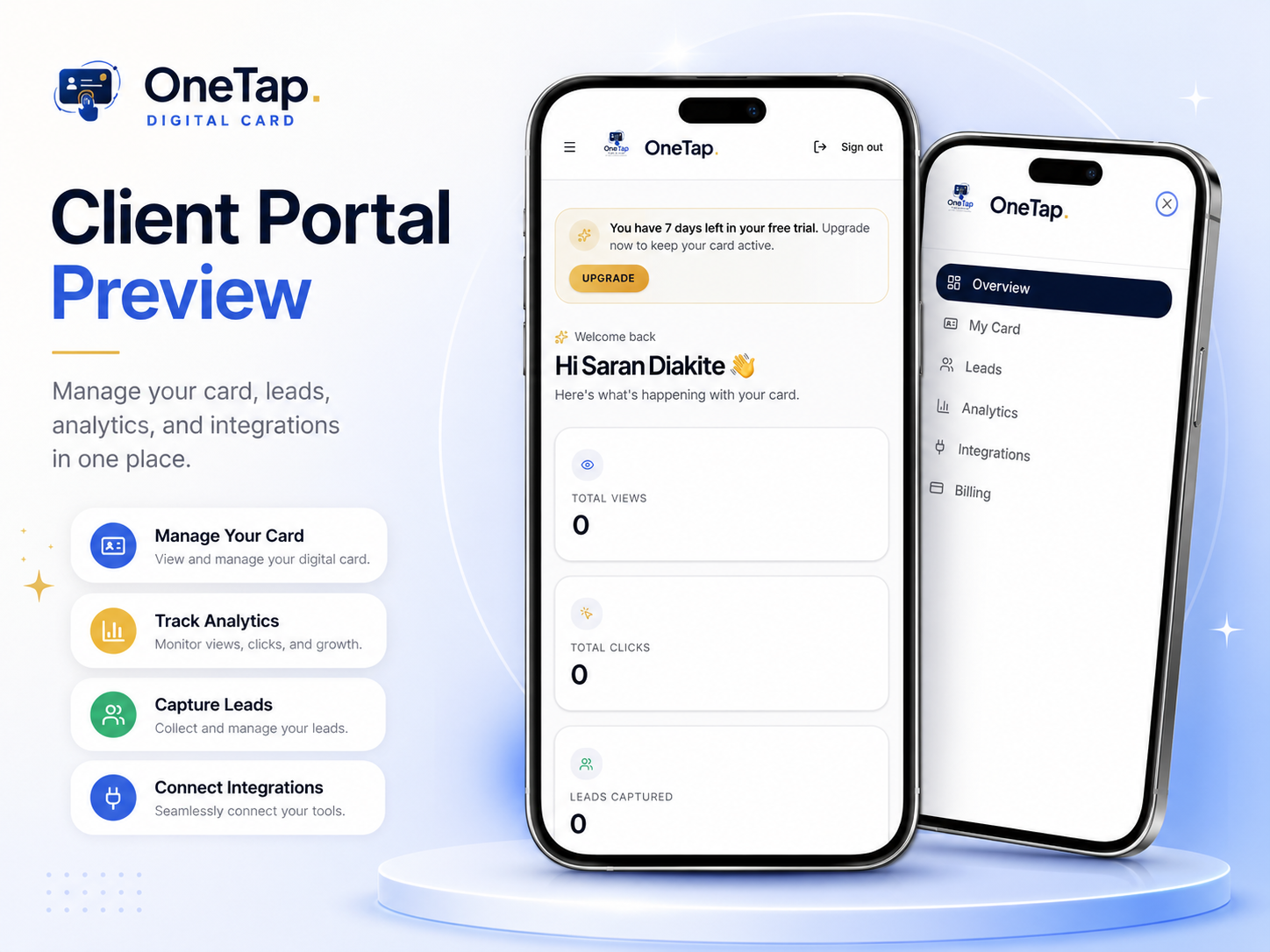OneTap Client Portal preview — manage your card, leads, analytics, and integrations from one dashboard